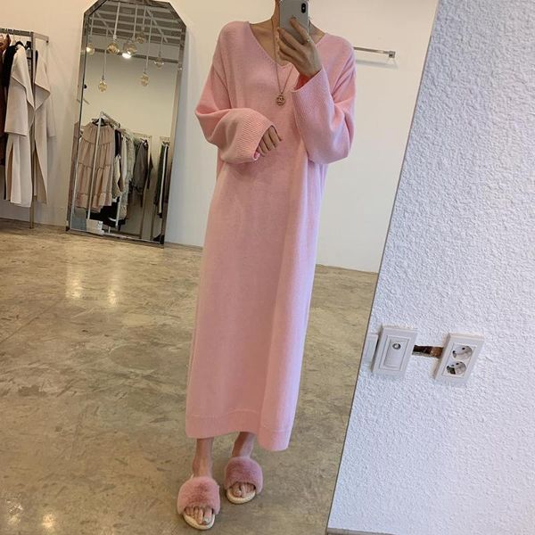 

casual dresses for women 2021 ribbed knitted loose dress femme winter long sleeve robe split fork sweater clothes vestidos, Black;gray
