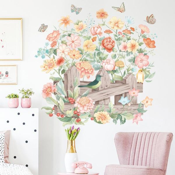 Pegatinas de pared, cerca brillante, flor para sala de estar, decoraciones de dormitorio, planta de acuarela, pegatina de PVC, decoración del hogar de cocina