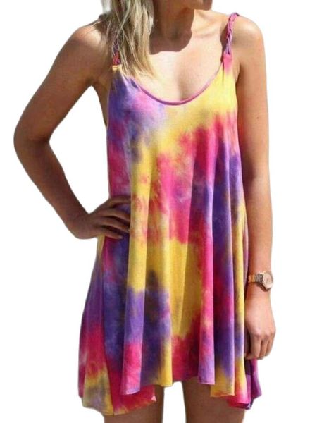 

casual dresses summer product women's clothing tie dye gradient round neck loose printing sling dress, Black;gray