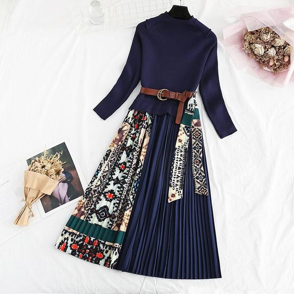

casual dresses patchwork knitted 2021 autumn winter vintage sweater dress fashion elegant sashes pleated print long women, Black;gray
