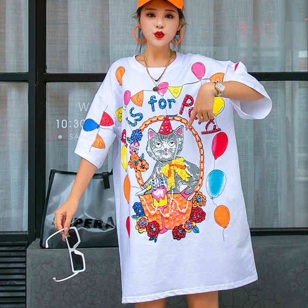 

tracksuits female printed mid-length women's t-shirts european station 2021 new loose and thin lower summer of body missing upper trend, Gray