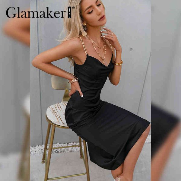

glamaker v neck chain strap backless party club dress summer fashion elegant night midi dress slim basic straight dress new 210412, Black;gray