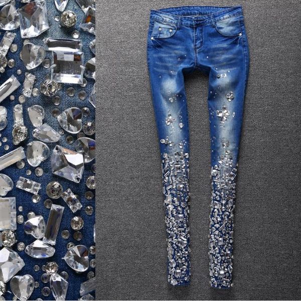 

arrival fashion women diamond crystal beading skinny vintage mid waist pencil jeans plus size women's, Blue