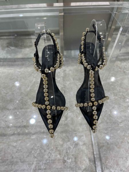 

in the summer of 2021, go out and wear small steel ball sandals women's shoes, pointed toe , high heels, beaded cross chain, simple fas, Black