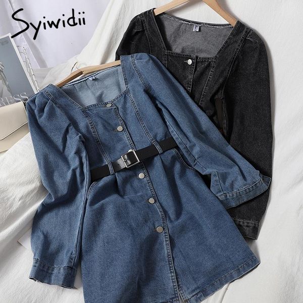 

casual dresses syiwidii fashion high waist denim women sashes breasted puff sleeve square collar solid a-line clothing 2021 spring, Black;gray