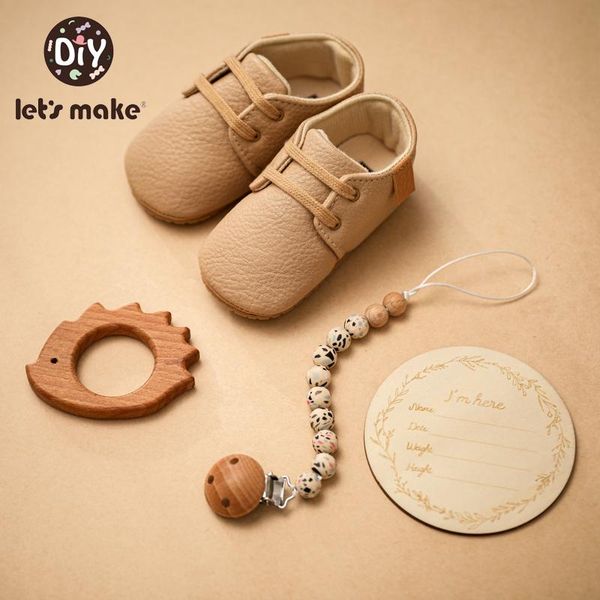 

first walkers let'smake baby leather shoes set boy girl soft shoe teether pacifier chain infant toddler anti-slip prewalkers