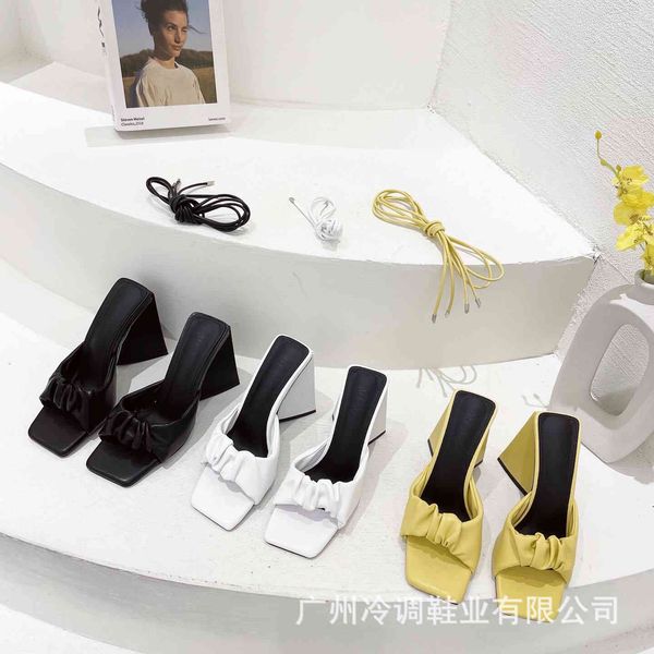 

thick high-heeled slippers for women summer style square head candy color one word open toe high-heeled sandals for women, Black