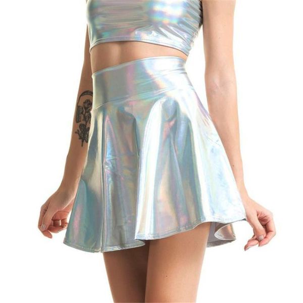 

pu shiny metallic color womens skirts a line bodycon mini high waist flare skirt fashion summer streetwear short, Black