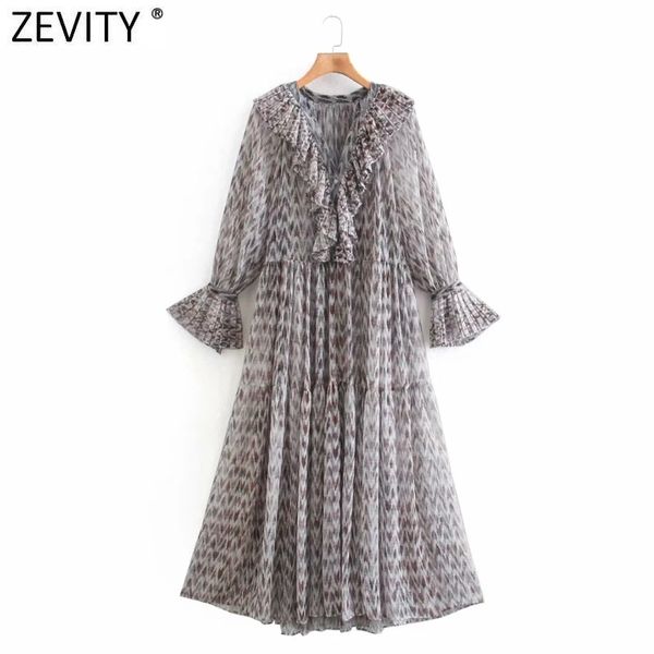 

zevity women vintage v neck cascading ruffle pressed pleat tie dyed print chiffon dress female chic casual kimono vestido ds8152 210419, Black;gray