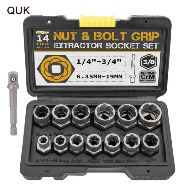 

professional hand tool sets quk damaged nut extractor set broken bolt screw splitter 14 pcs 3/8 inch joint sockets 6.35mm-19mm repair thread