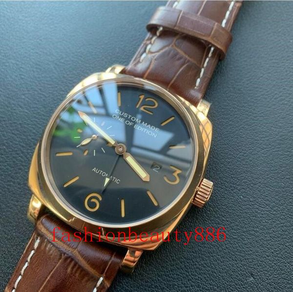 

gmt 47mm black dial men's seagull automatic movement watch pvd steel case leather strap luminous waterproof mechanical595t, Slivery;brown
