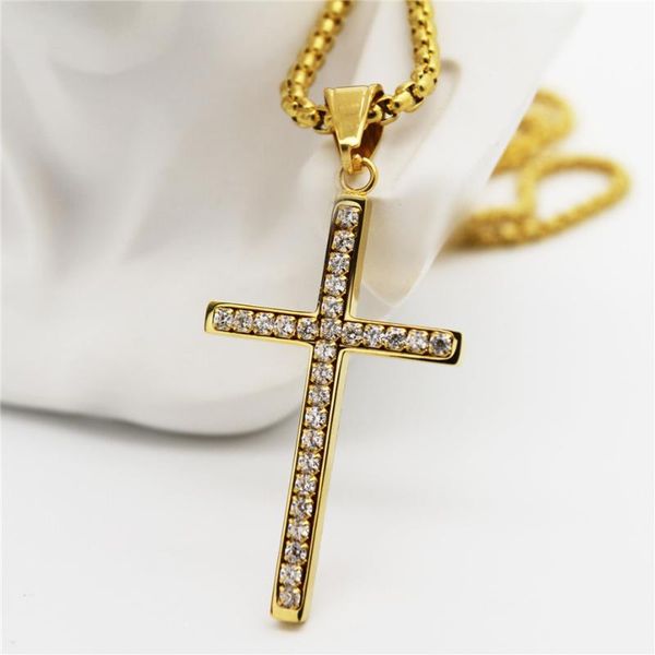 

pendant necklaces cross female gold color stainless steel iced out bling & chains for women hip hop jewelry christmas gift, Silver