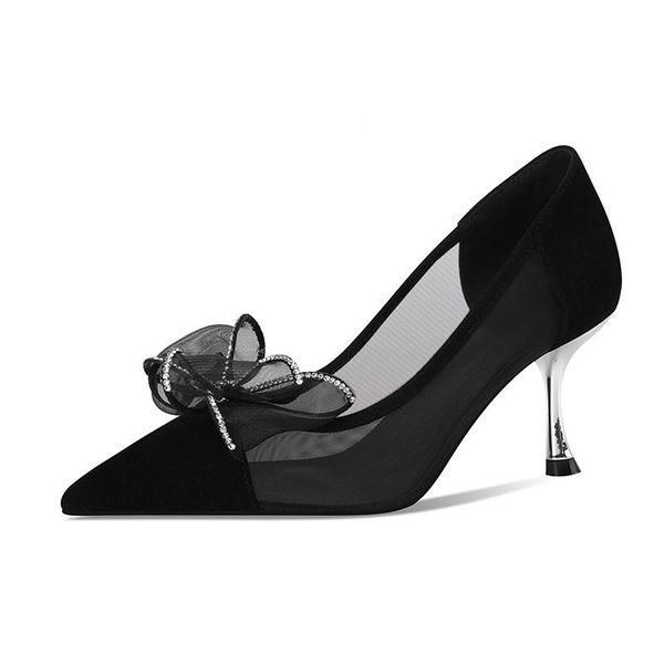 

dress shoes coolulu summer kid suede mesh elegant women's pumps size 33-40 butterfly-knot high heel pointed toe slip-on party women, Black