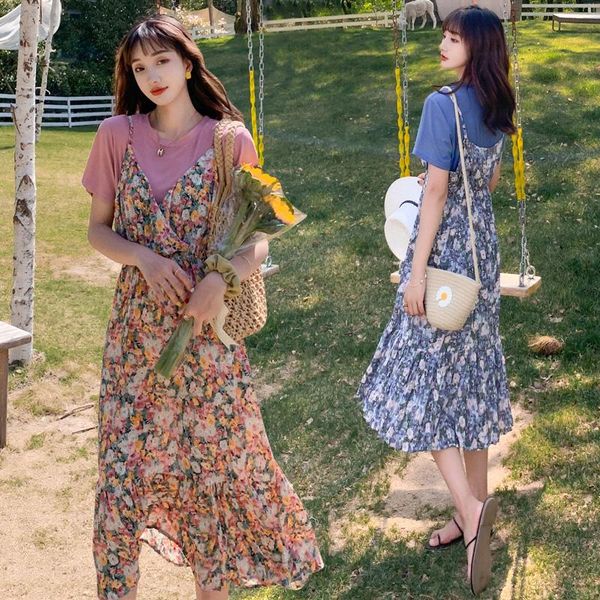 

93068# t shirt + dress maternity clothes loose stylish short sleeves floral pregnant women pregnancy dresses, White