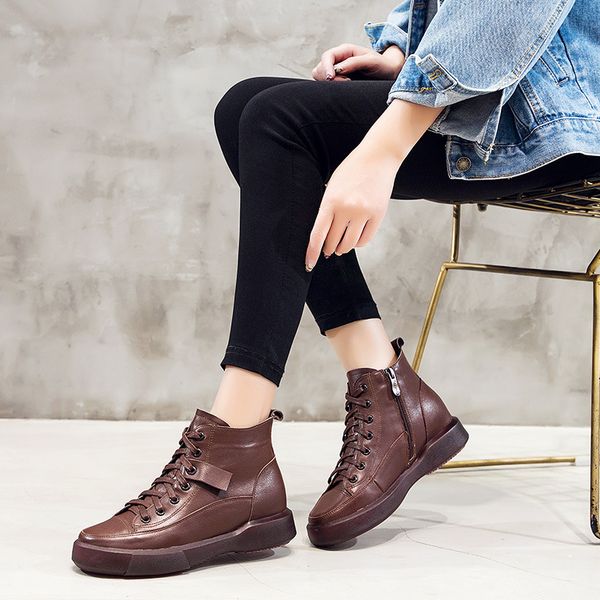 

leather short boots 2021 winter round head heavy soled martin side zipper, Black