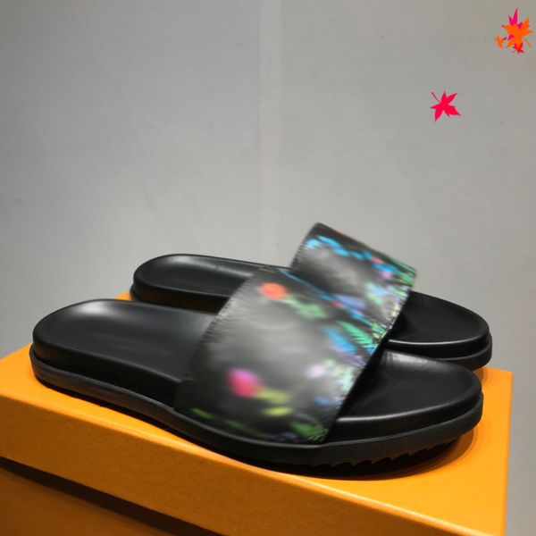 

2021 slipper designer slide summer sandals fashion men beach indoor flat flip flops leather luxurys shoes mens slippers with box size 39-45, Black
