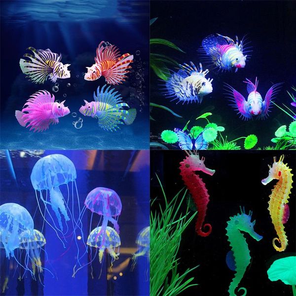

decorations artificial luminous lionfish hippocampus fish tank aquarium landscape silicone jellyfish glow in dark underwater ornament