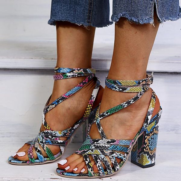 

sandals ladies ankle strap women high heels fashion women's shoes open toe snake pattern square, Black