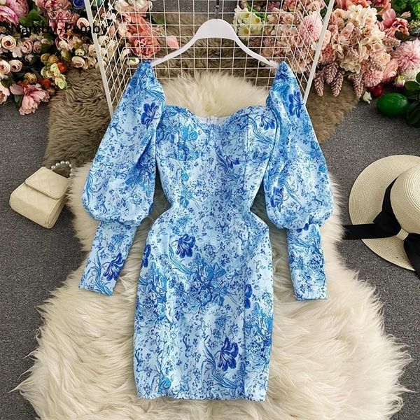 

casual dresses women blue and white porcelain print dress square collar lantern sleeve autumn ladies slim tube vestidos mini female hk0, Black;gray