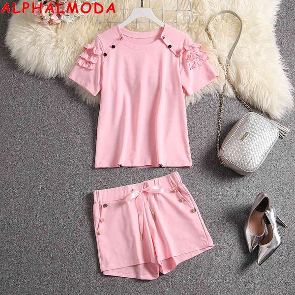 

new alphalmoda trendy summer arrivals women nice t-shirt shorts 2 stuck disturbed mouw button design sweet girls clothing set, White