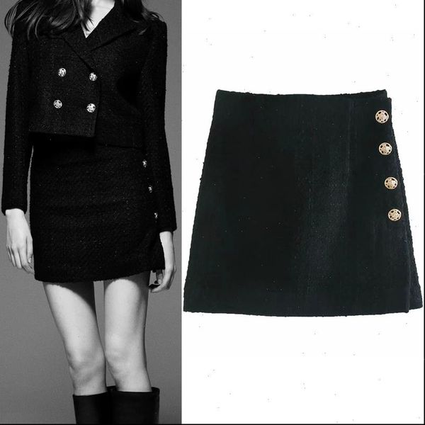 

black textured contrast women skirt high waist mini za autumn vintage metal button a line elegant office ladies skirts