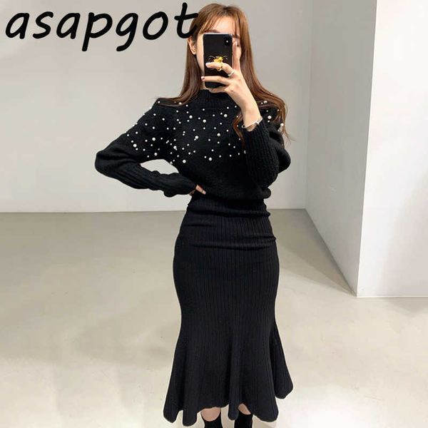 

korean chic round neck heavy beaded sweater pullovers knitted slim high waist mermaid skirt fashion retro temperament wild 210610, White