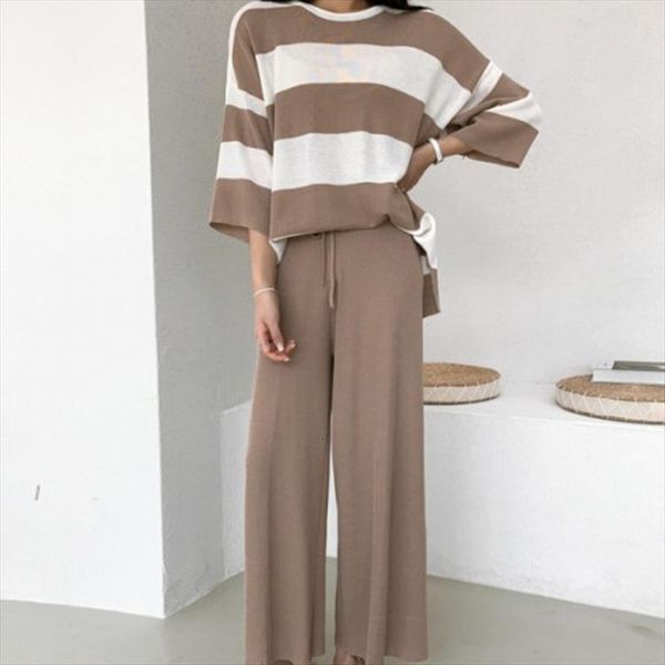 

autumn winter casual knitted two womens pants piece set pullover sweater wide leg suits stripe loose 2, White