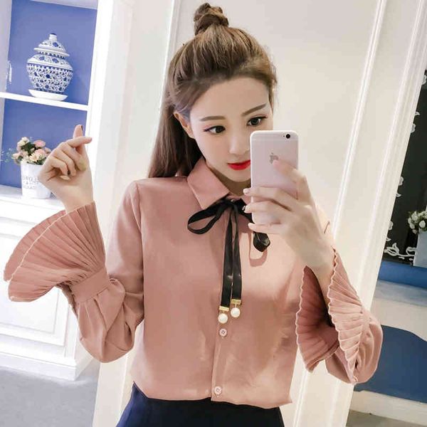 

korean fashion clothing style lace bow long-sleeved chiffon shirt women's blouse loose ruffle long sleeve 990f 210420, White