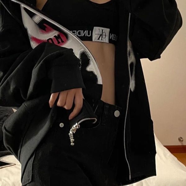 

women's jackets korobov 2021 streetwear love print harajuku zipe up coats vintage hooded ulzzang korean couple oversize coat women, Black;brown