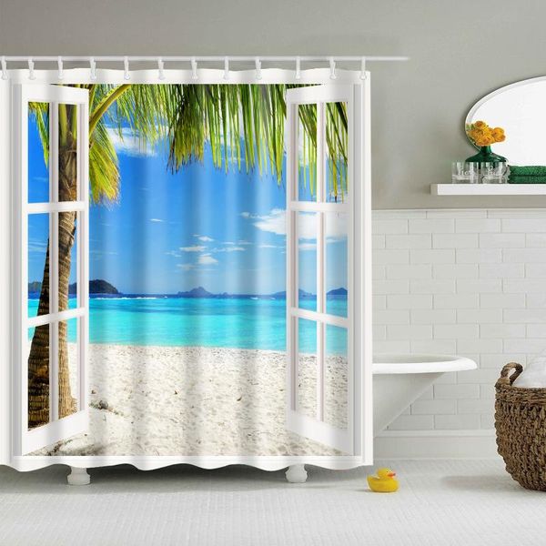

blue sky sea landscape false window shower curtain wash bathroom waterproof mildewproof decor with hooks 180x200 cm large curtains