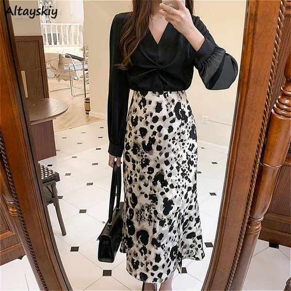 

skirts women leopard print mid-calf length high waist side-slit female elegant skirt a-line korean style all-match vintage chic, Black