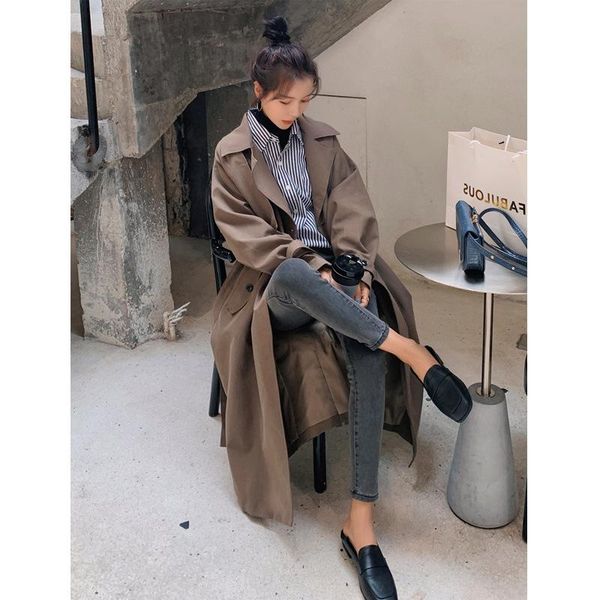 

women's trench coats waist, thin, drape, dark coffee windbreaker, mid-length, autumn 2021 korean style loose over-the-knee coat, Tan;black