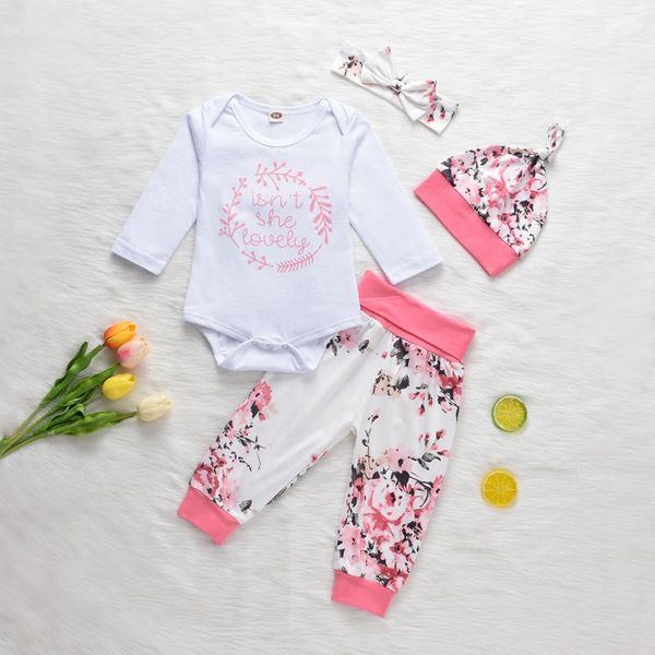 

clothing sets 0-18m baby girl clothes set letter print long sleeve o-neck romper+floral trousers+pointed hat+headband suit 2021, White