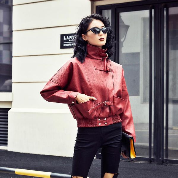 

women's leather & faux 2021 autumn motorcycel biker long sleeve coat streetwear wine red black women loose soft pu jackets lady