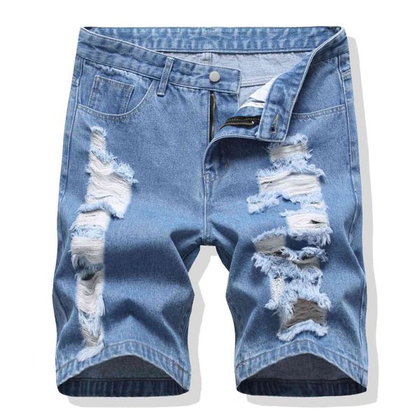 

mens jean high street short denim pants street hole washed fashion casual fashion hip hop washed pants, Blue