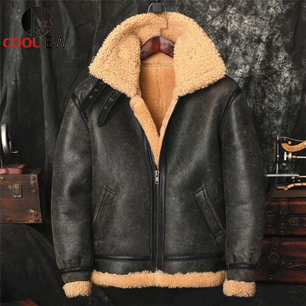 

men's leather & faux 2021 dark green military style genuine shearling coat large size 4xl real natural thick sheepskin russian winter j, Black