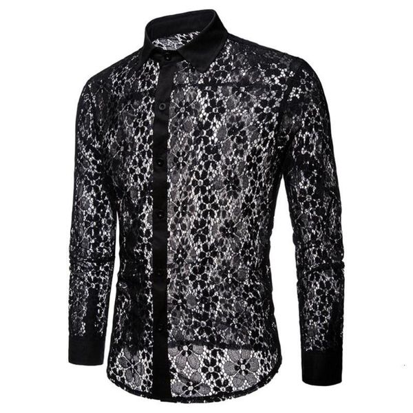 

men's casual shirts men long sleeve solid color lace mesh see through clubwear buttons down slim party transparent 0201, White;black