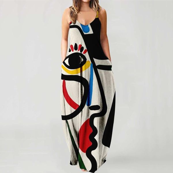 

casual dresses summer women loose dress plus size sleeveless v neck elegant spaghetti strap midi for clothing vestido 2021, Black;gray