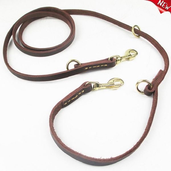 

multifunctional two dog leash genuine leather double leashes p chain collar adjustable long short pet walking training leads collars &