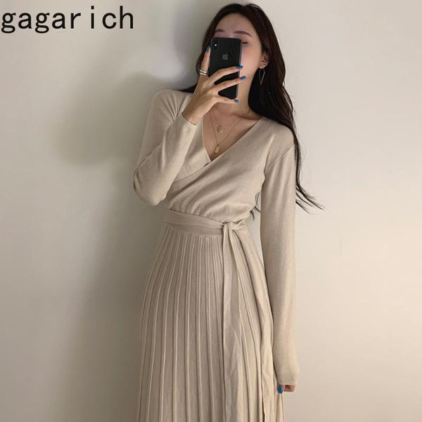 

casual dresses gagarich sweater dress elegant women koreanstyle chic v-neck cross slim high waist pleated long office lady fashion, Black;gray