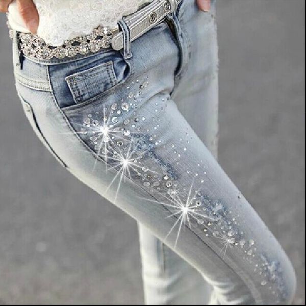 

womens jean women diamond drilled hole jeans woman pencil pants ripped denim trousers with rhinestone, Blue