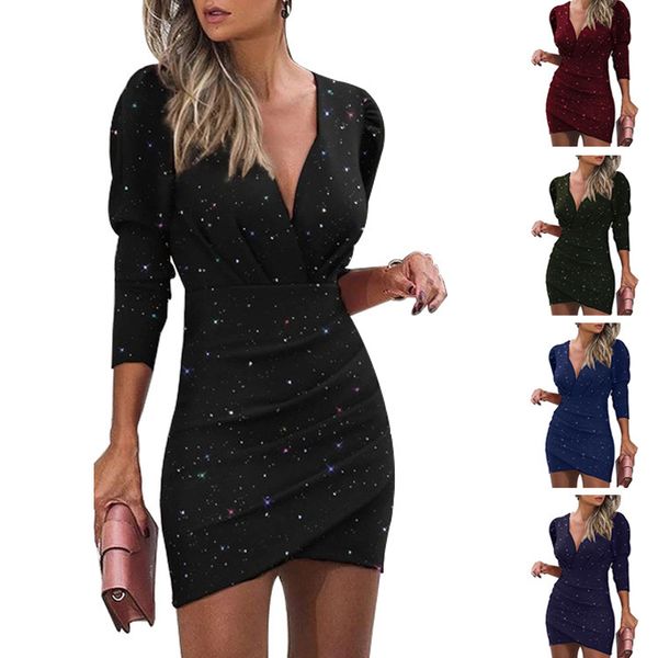 

boutique dress 2021 waist show thin solid color v-neck long sleeve tight skirt ethnic style nightclub, Black;gray