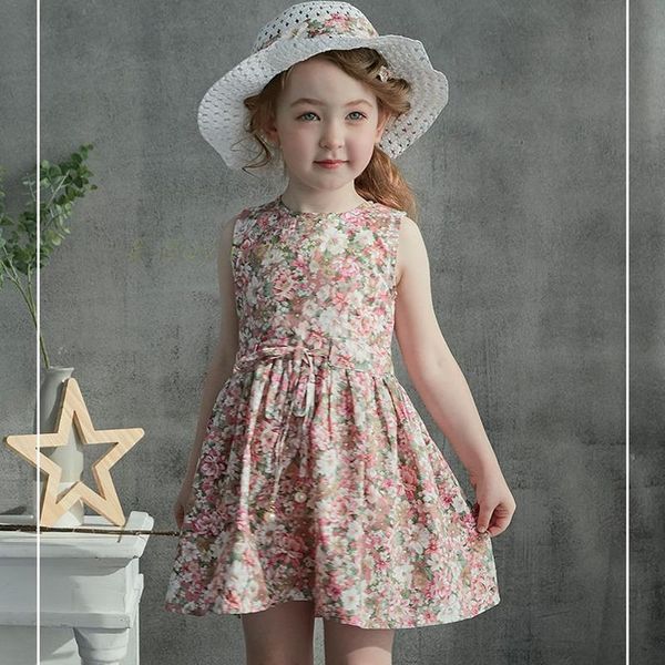 

girl's dresses summer flowers printed for baby girls toddler dress with a hat soft cotton floral princess sleeveless kids 2-7, Red;yellow