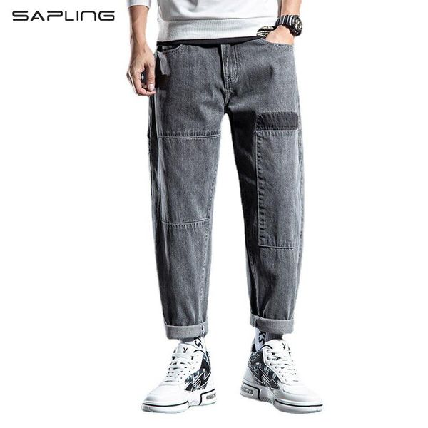 

mens straight cropped jeans fashion loose male denim pants hip hop sport ankle-length trousers size 28-42 men's, Blue