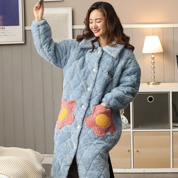 

women's sleepwear blue ladies nightgown winter thick bathrobe large size 3-layer quilted thermal home clothes xxl, Black;red