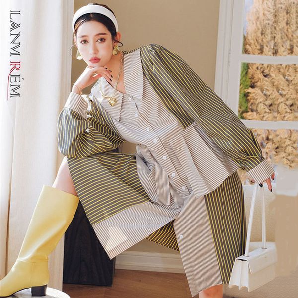 

women green vertical striped big size dress lapel long puff sleeve loose doll collar spring autumn 2f0017 210507, Black;gray