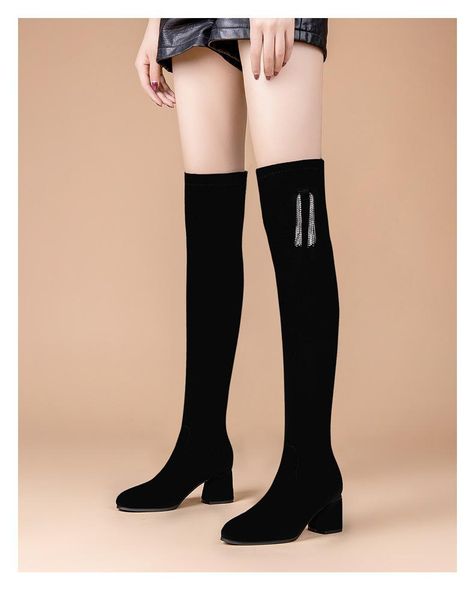 

boots 2021 autumn korean version of the thick-heeled round toe over knee stretch boots, one-footed knight women, Black