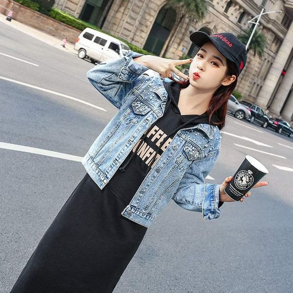 

women's jackets casual jeans bomber jacket women spring autumn coat short denim female ulzzang beaded pearl loose thin, Black;brown