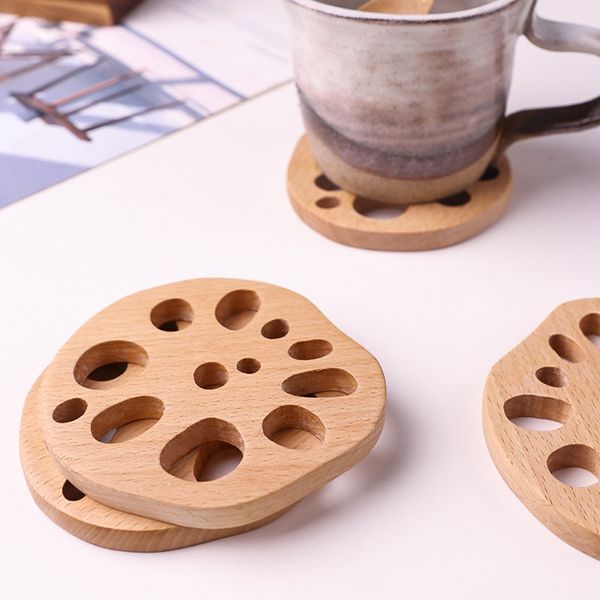 Beech Wood Coaster Lotus Raiz Hollow Beber Mat Redonda Calço Resistente ao Café Café Pad Non-Slip Caneca Caneca