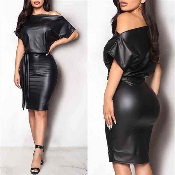

pu leather mini womens dresses black crew neck wet look bodycon bandage party club, Black;gray